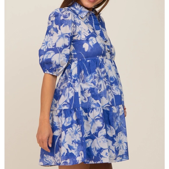 Royal Blue Floral Collared Puff Sleeve Maternity Dress - Picture 2 of 6